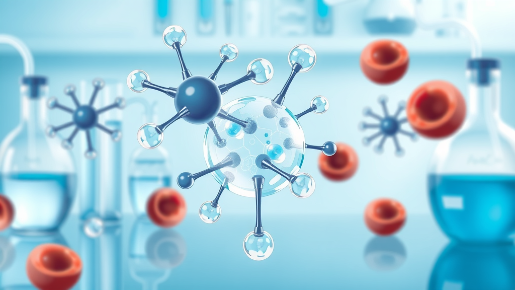 Scientific illustration of oxygen and ozone molecules interacting with blood cells, demonstrating the effects of ozone therapy near Roswell, GA. Informative, 2D infographic, clean laboratory background.