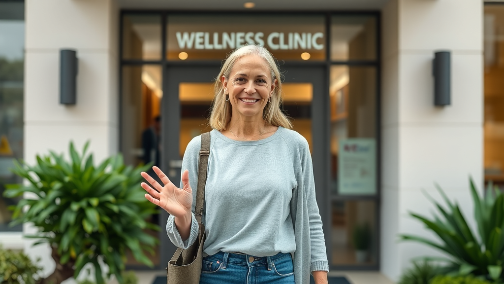 Satisfied client leaving wellness clinic after successful ozone therapy session near Johns Creek, GA