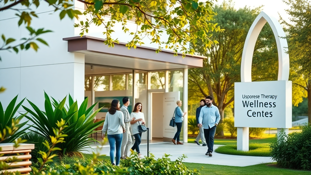 inviting modern wellness clinic exterior, ozone therapy near Duluth, GA, welcoming atmosphere, lush landscaped background for an upscale therapy center, bright green and white palette