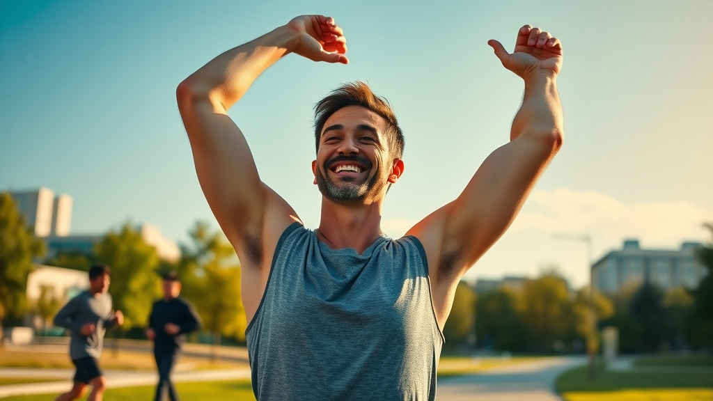 Active adult feeling revitalized after ozone therapy near Mountain Park, GA, stretching outdoors in a sunlit park