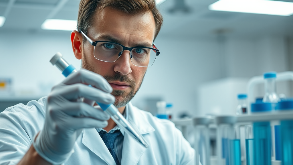 Scientist analyzing ozone therapy samples in a high-tech lab for immune modulation and autoimmune disorders