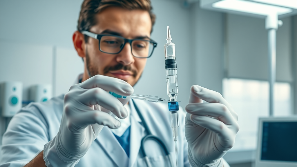 professional health practitioner preparing ozone IV solution, ozone therapy near Duluth, GA, pristine clinical office, medical equipment, caring expression