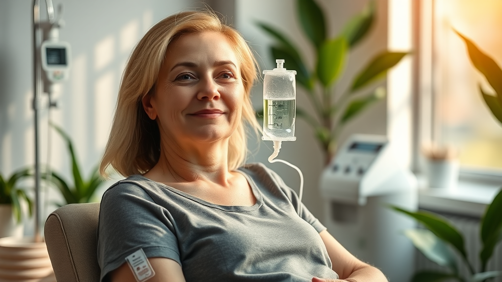 relaxed patient in a wellness clinic receiving IV ozone therapy near Duluth, GA, sunlight streaming, comfortable setting, modern spa background