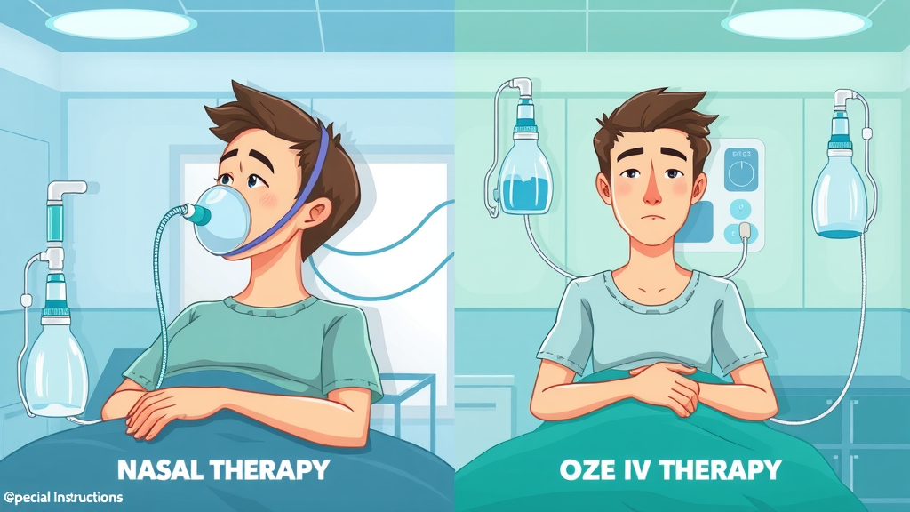 Split-scene diagram comparing ozone IV therapy to traditional oxygen therapy in Roswell, GA. Educational, clear distinction in equipment, clinical backgrounds, 2D infographic.