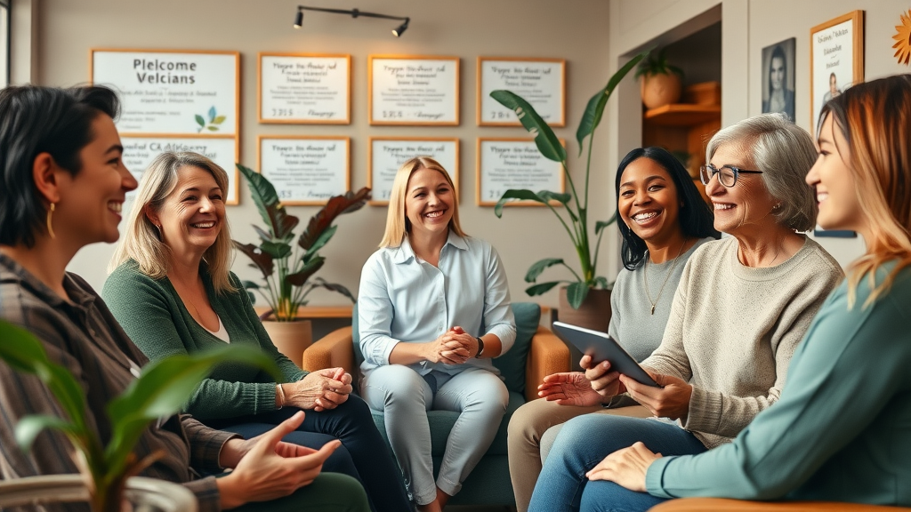Happy and diverse clients at Atlanta Colonic &amp; Massage Spa in Roswell, GA sharing positive reviews about ozone therapy and IV therapy. Cozy lounge area with testimonials.
