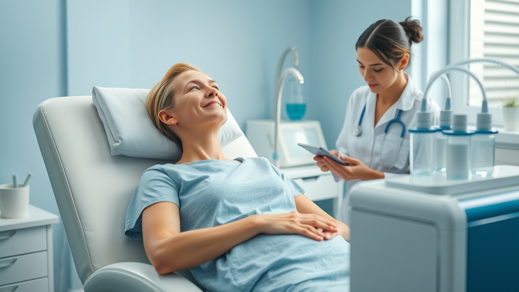 Patient relaxing in ozone therapy treatment chair near Mountain Park, GA, practitioner prepares equipment