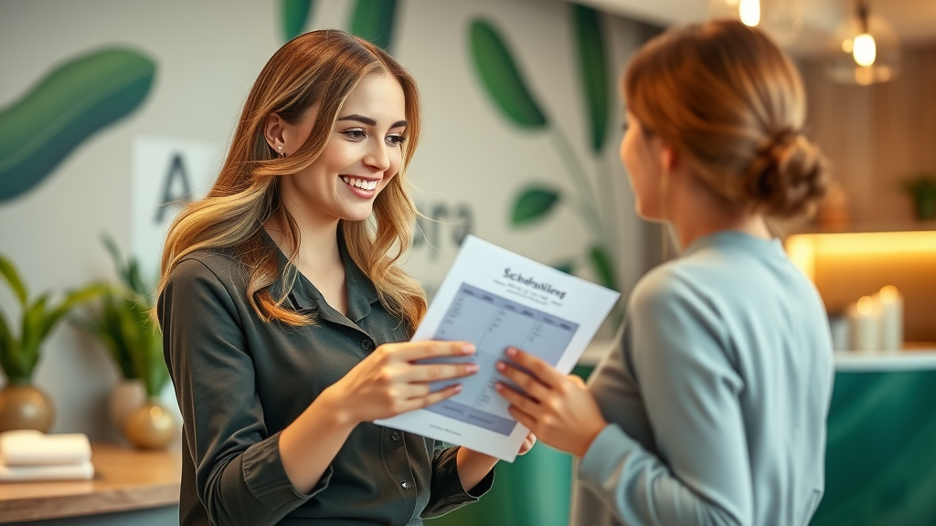 friendly receptionist helping schedule ozone therapy near Duluth, GA, modern spa, green accents, cheerful service