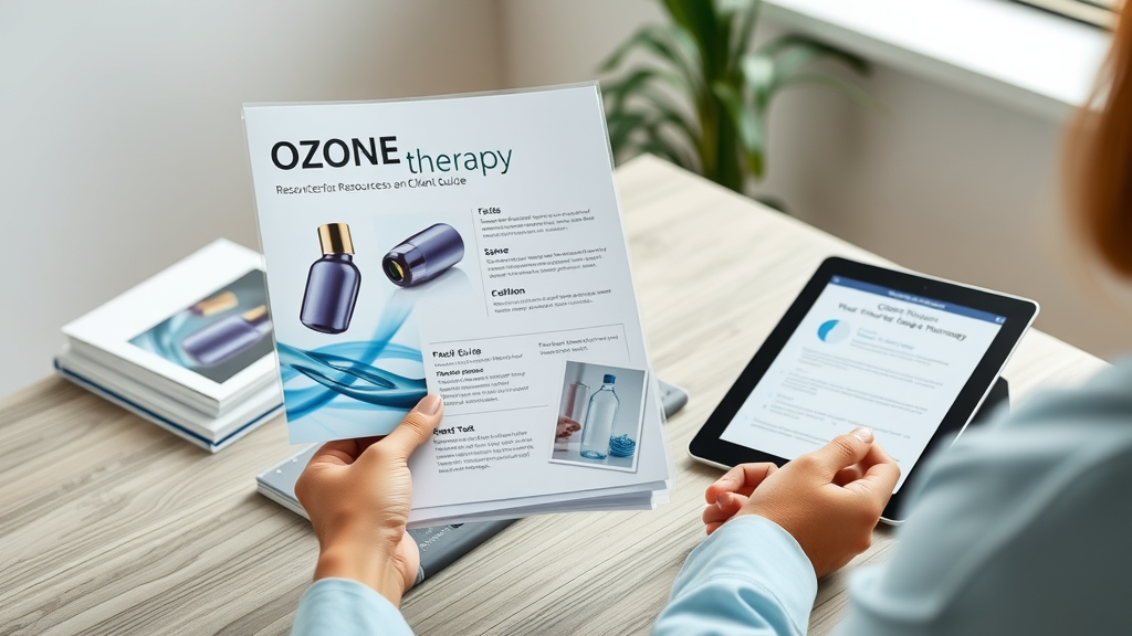 Clinic table with ozone therapy brochures and digital tablet guide, resources at Atlanta Colonic &amp; Massage Spa, Roswell, GA. Informative, professional, photorealistic.