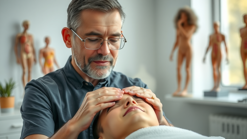 focused therapist craniosacral therapy hands on client head professional clinical