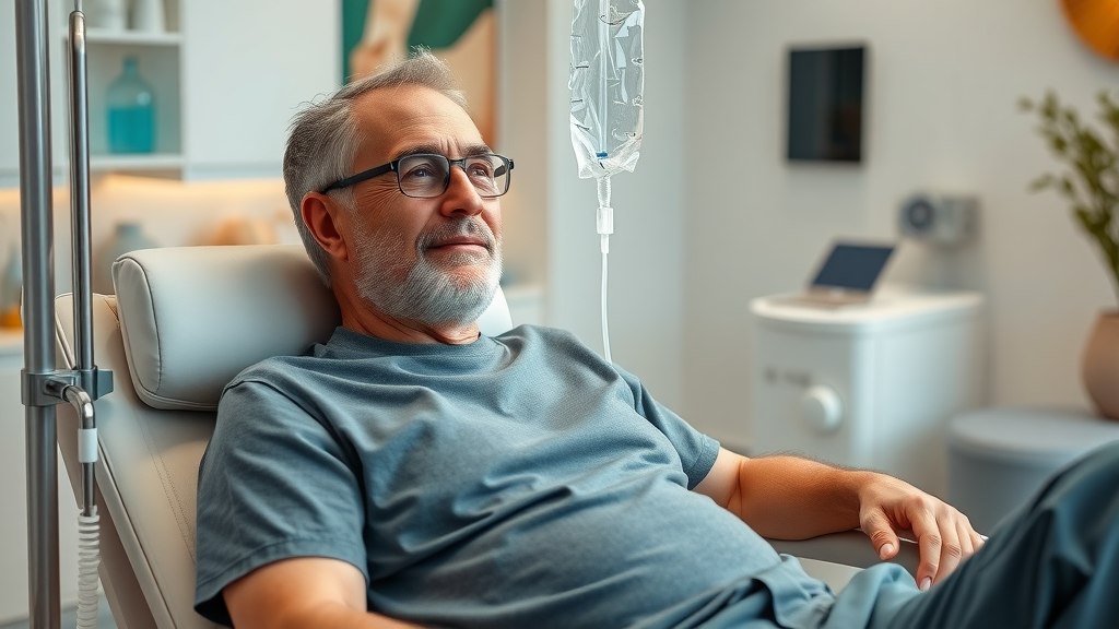 relaxed patient receiving iv ozone therapy near Cumming, GA, cared for by nurse, serene wellness atmosphere