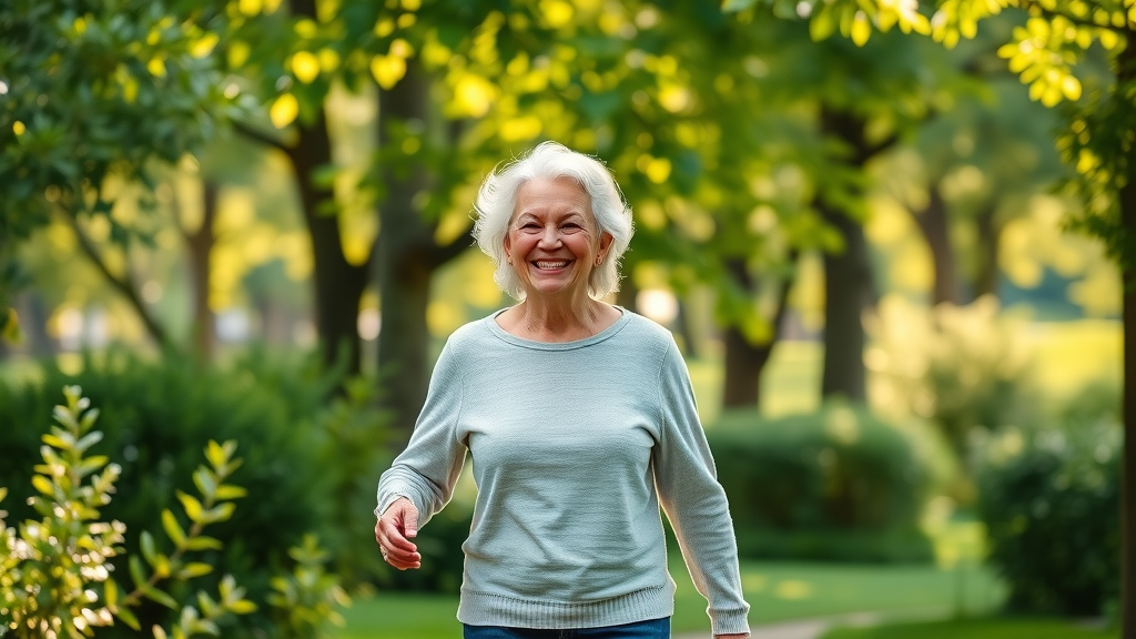 Happy senior couple enjoying wellness benefits after ozone therapy near Mountain Park, GA, walking in a vibrant park