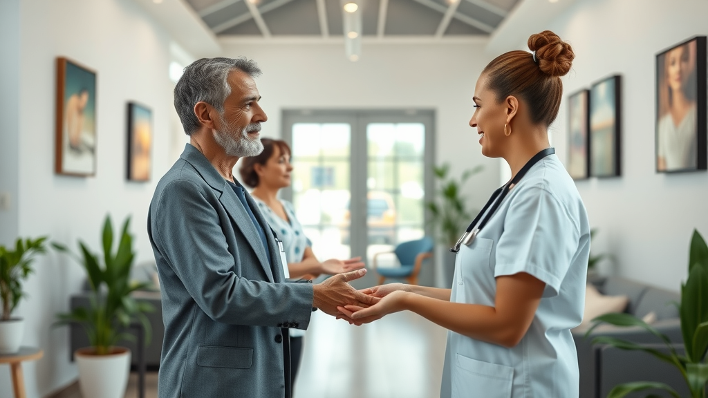 Ozone therapy near Roswell, GA clinic with a welcoming interior and wellness staff greeting a patient. Modern waiting area, natural light, photorealistic.