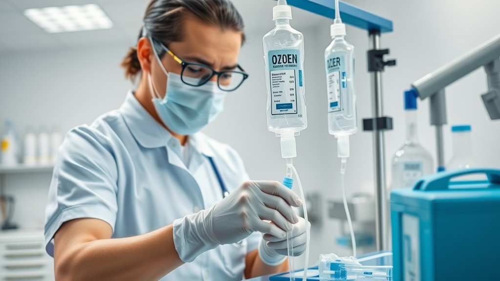 healthcare professional preparing ozone and IV therapy near Suwanee GA with medical equipment in clinical workspace