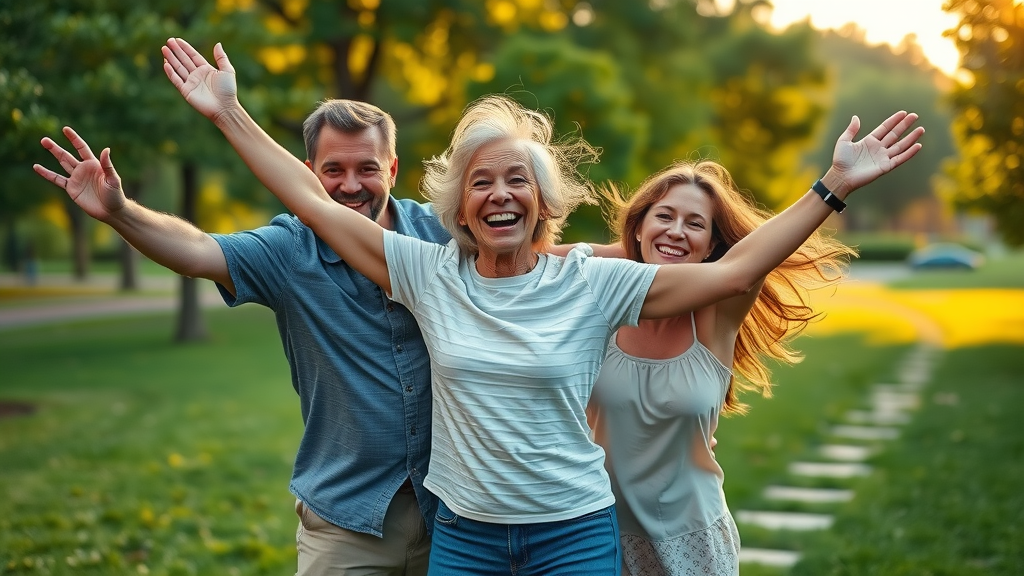 patient celebrating improved health after ozone therapy near Suwanee GA in picturesque park with family and friends