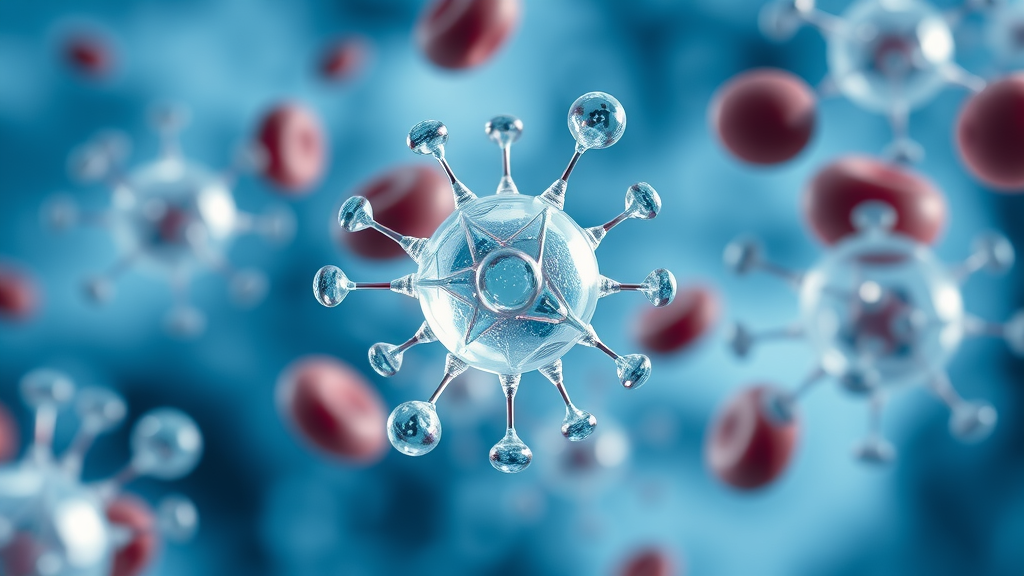 ozone therapy medical illustration showing ozone molecules interacting with human blood cells